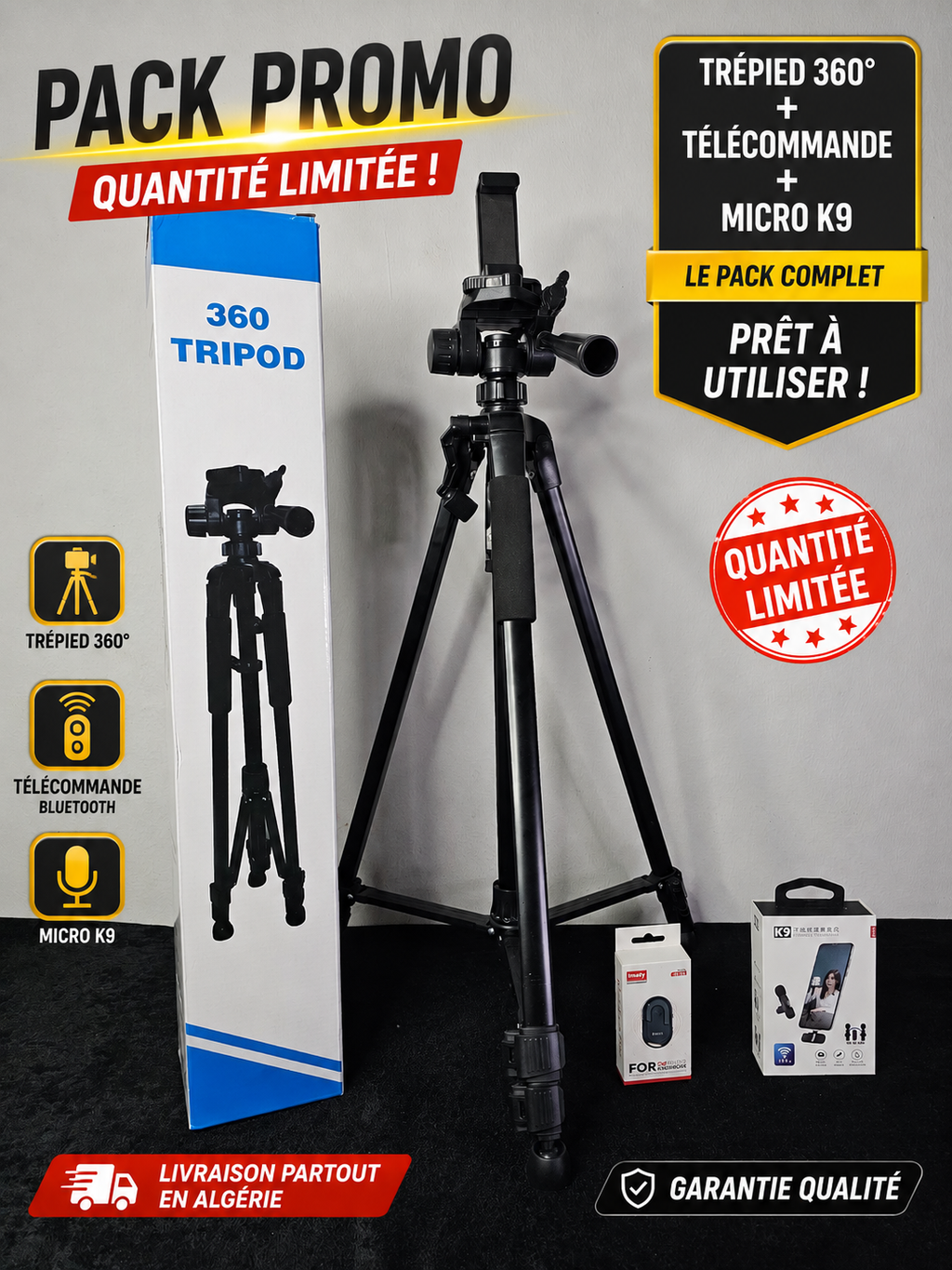 Pack Promo Trépied + Microphone + Télécommande Bluetooth